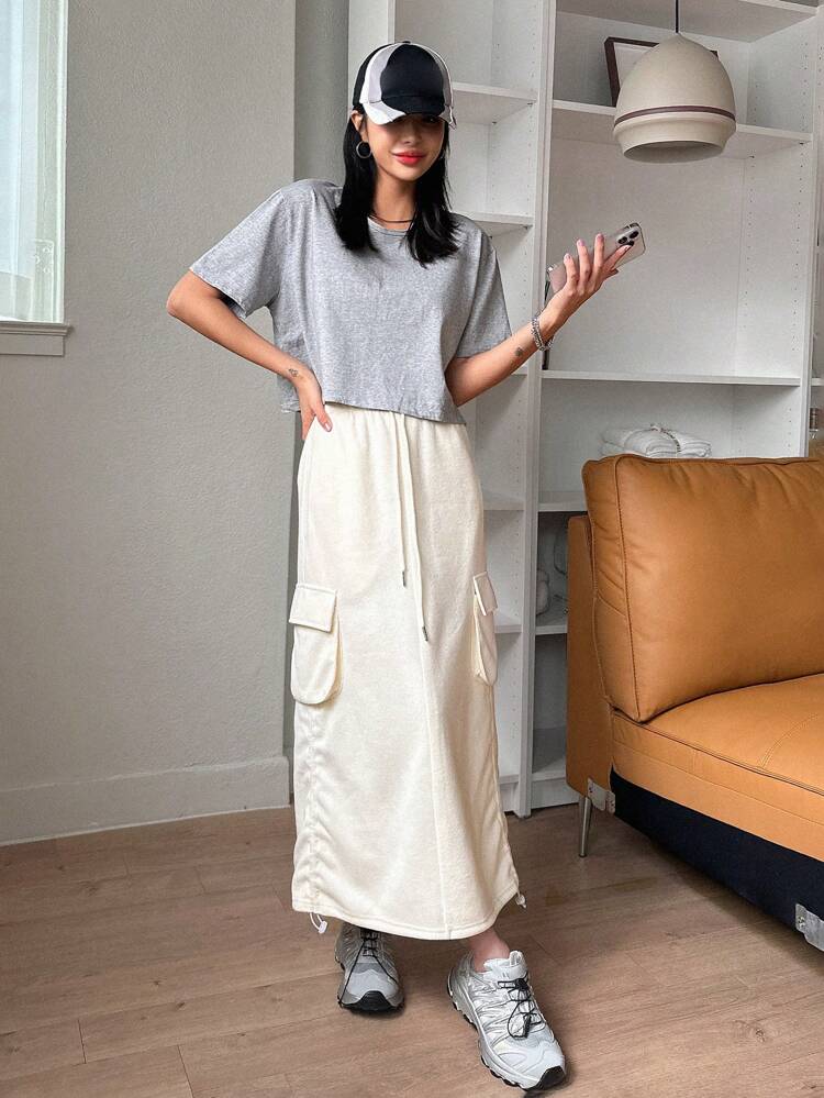 Women's Solid Color Drawstring Waist Pocketed A-Line Skirt,Fall Clothes Winter Women Skirts