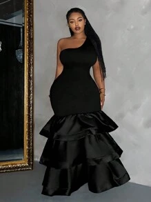 Slaydiva Dress Ukuran Plus Asimetris Ruffle Hem Tiered Layer Plain Pesta - Hitam - View 3