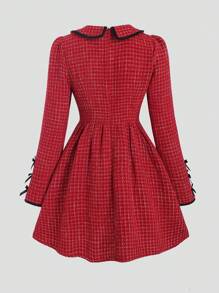 SHEIN Unity Peter Pan Collar Color Block Edging Long Sleeve Button-Front Dress - Red - View 2