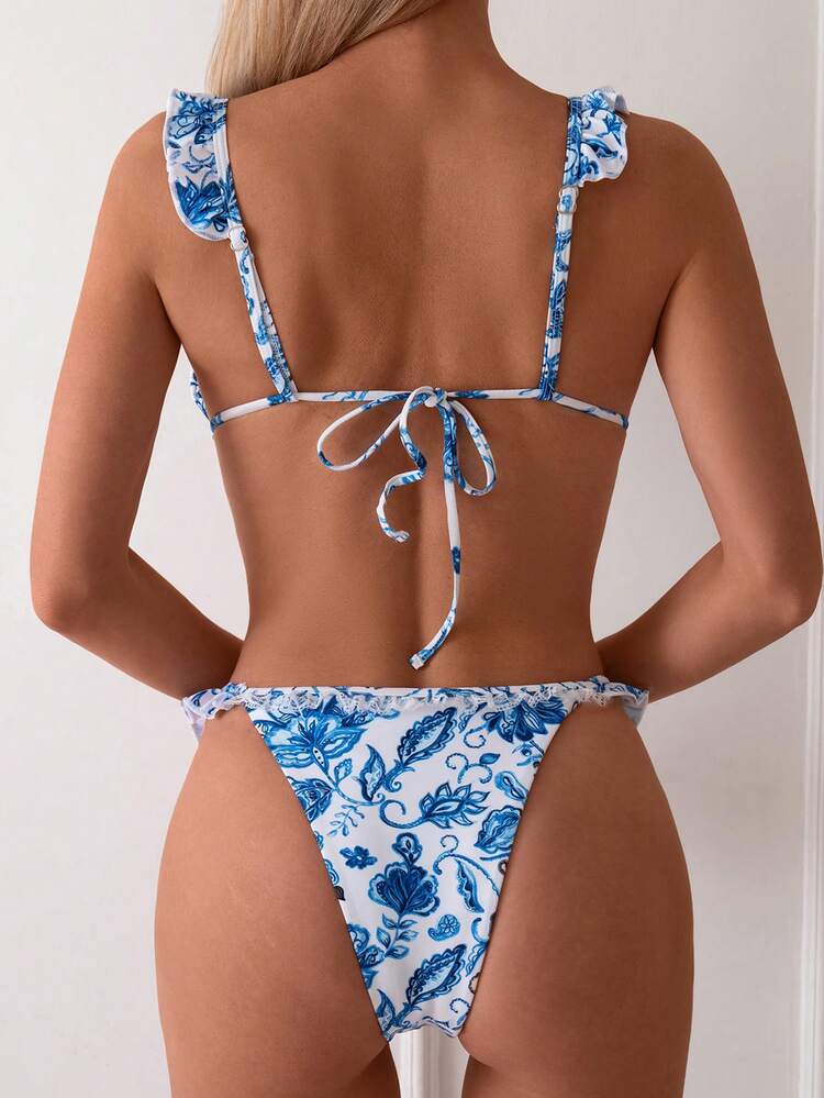 Summer Floral Print Spliced With Lace Bikini Set