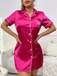 Ladies' Color-Block Printed Chemise Pajama Dress With Lace Trim Luxe Loungewear, Vacation