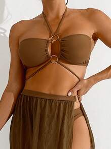 SHEIN Swim Women's Fashionable Cut Out Design Bikini Set, 3 Pieces Bathing Suit For Summer Beach - Coffee Brown - View 3