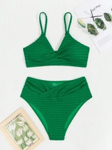 SHEIN Swim 夏季女士纯色细肩带比基尼套装 - 綠色 - 查看 6