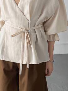 FRIFUL Women's Casual Spring/Summer Shirt With Belt, Drop-Shoulder Sleeve And Patchwork Design,Ruffle Long Sleeve Top - Apricot - View 7