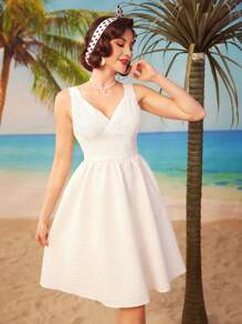 Vintamour Phong cách cổ điển Đảo kỳ nghỉ mùa xuân hè Halter cổ xếp li Sundress trang phục mùa xuân quần áo mùa hè váy dài váy dài màu trắng - trắng - Xem 5