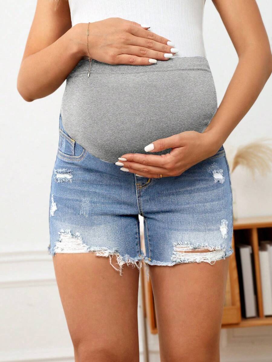 SHEIN 孕婦破洞牛仔短褲,適用於夏季 - 淺色水洗藍 - 查看 1