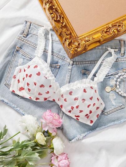 Women's Mesh Heart Pattern Printed Sexy Bralette With Underwire, 1pc