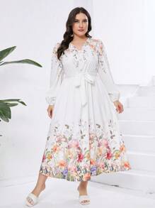 Mulvari Plus Size Women's Floral Printed Lantern Sleeve Long Arabic Style Dress