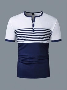 Manfinity Homme Maglietta a maniche corte da uomo con collo henley, a blocchi di colore e righe, per l'estate, per uscire, per gli amici