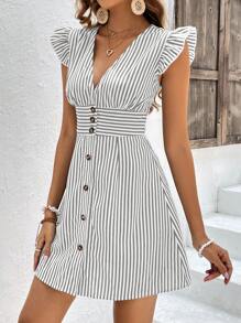 SHEIN Frenchy In sọc Nút phía trước áo tay bướm Ngắn Mùa hè Đầm - Xám - Xem 4