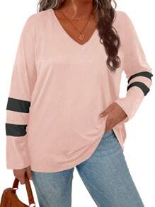 SHEIN LUNE Plus Size V-Neck Printed Casual Spring/Summer Long Sleeve T-Shirt - Baby Pink - View 1