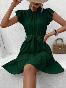 Breezaya Women's Solid Color Ruffle Sleeve Dress, Perfect For Summer - Dark Green - View 3