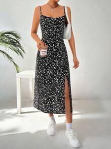 SHEIN EZwear Women's Floral Print Fashionable Strappy Dress For Spring And Summer - Black - View 3