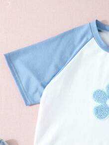 SHEIN Tween Girl Blue Printed Raglan Sleeve Short Sleeve T-Shirt