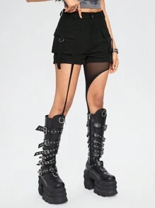 ROMWE Academia Solid Flap Pocket Shorts, School - Black - View 5