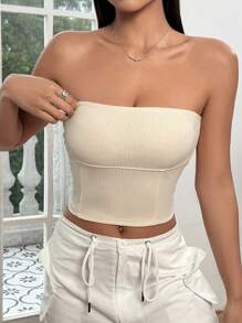 SHEIN Unity 女士純色肋編無肩帶上衣 - 杏色 - 查看 5