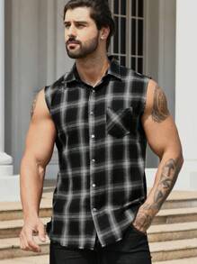 Men's Front Button Pocket Sleeveless Plaid Shirt - Black and White - View 3
