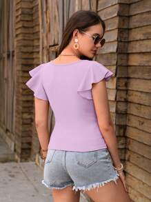 SHEIN LUNE 女士方領荷葉邊短袖t恤粉色上衣 - 淡紫色 - 查看 2