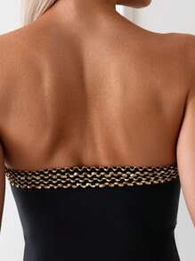 SHEIN Swim 夏日海灘無肩帶拼色後開叉一件式泳衣 - 黑色 - 查看 5