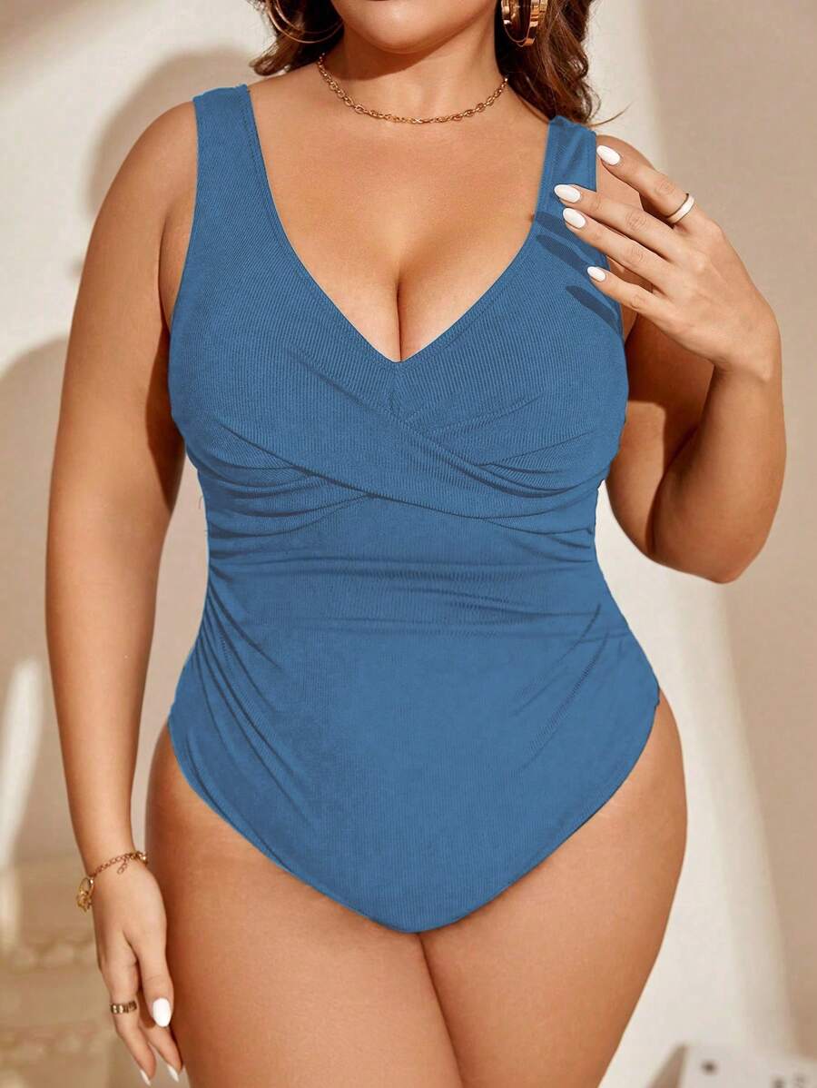 SHEIN Swim Curve Summer Beach Plus Size Women's Solid Color Cross Front One Piece Swimsuit - Blue - View 1