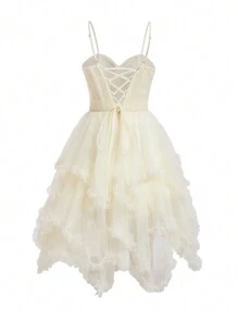 SHEIN Belle Của phụ nữ Màu thuần Xương cá Nhấn Sợi dây Đầm Party Với Dây đai mỏng - Màu vàng - Xem 10