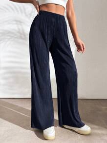 EURMUSE Solid Color Loose Knitted Pleated Slit Wide-Leg Pants - Navy Blue - View 3