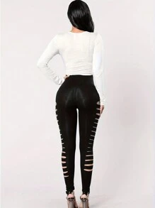 Leggings Skinny Com Cintura Alta E Lateral Rasgada - Preto - Ver 5