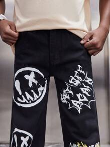 SHEIN Tween Boy Stylish Y2K Loose Straight Leg Black Jeans With Slogan And Face Printed,For Tween Boy Outfits - Black - View 3