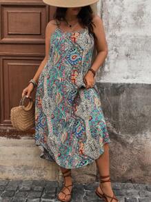 Breezaya Plus Size Women's Vacation Style Long Printed Sundress With Tassel Detail Maxi Women Outfit