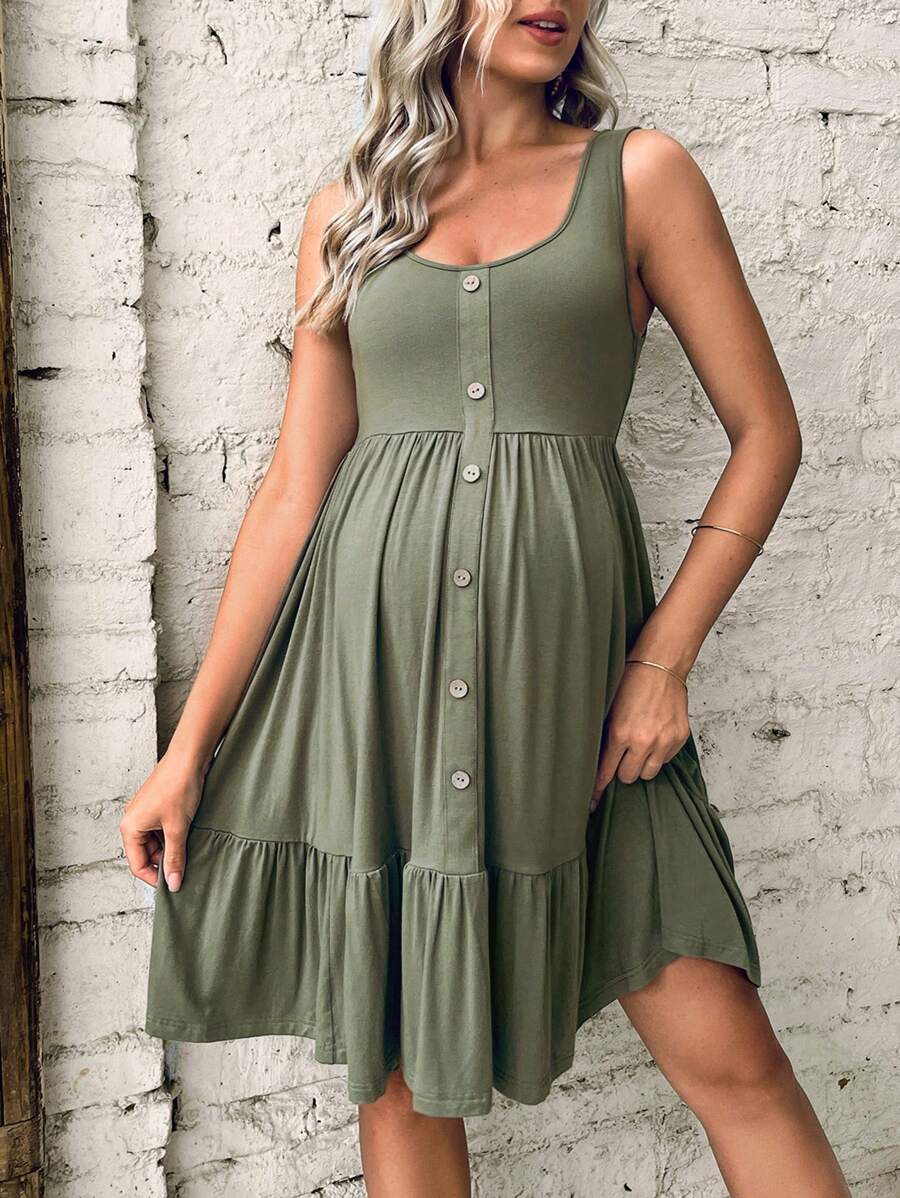 SHEIN Maternity Button Front Ruffle Hem Dress - Dark Grey - View 1