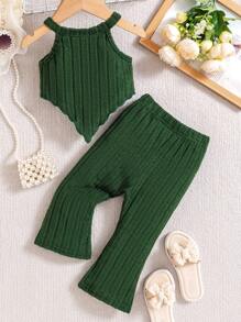 SHEIN 女婴纯色休闲上衣套装，不对称下摆和挂脖领口设计，搭配喇叭裤，罗纹面料