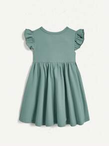 Cozy Pixies Set di 2 pezzi Abito a fantasia con coniglietto a cartone animato per bambina con bordo arricciato, scollo tondo e vita raccolta - Verde - Visualizzare 7