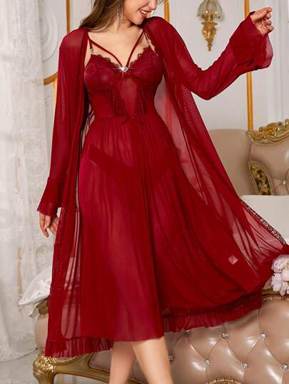 Conjunto de pijama con vestido deslizante de encaje rojo con efecto visto y bata para mujer