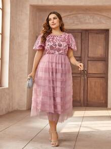 SHEIN Belle Plus Size Pink-Orange Layered Ruffled Evening Dress With Sweet And Romantic Patchwork For Cocktail Party