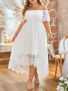 SHEIN Holidaya 加大尺碼女性優雅不對稱蕾絲露肩長裙,適合夏季 - 白色 - 查看 3