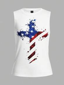 SHEIN LUNE Của phụ nữ Vượt qua In Vòng cổ Áo ba lỗ - trắng - Xem 4