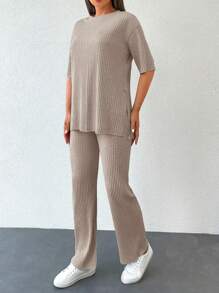 EURMUSE Solid Drop Shoulder Tee & Pants - Apricot - View 3