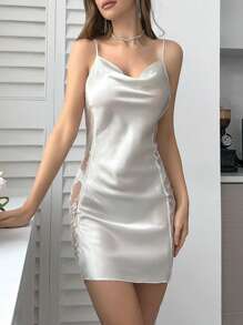 SilkySpell Lace Patchwork Satin V-Neck Women's Pajama Slip Dress With Spaghetti Straps Bridallingerie