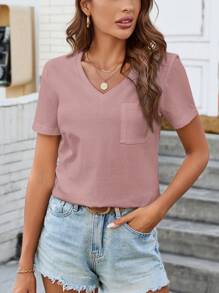 EMERY ROSE Breathable Comfortable Casual V-Neck T-Shirt With Patch Pocket, Versatile Basic Style