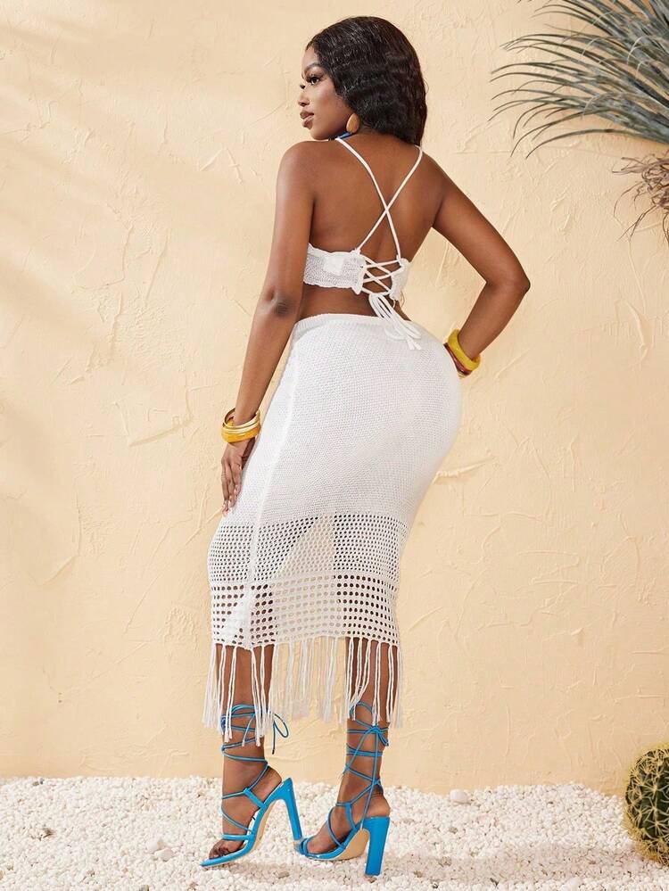 Women's Solid Color Hollow Knitted Halter Top & Fringed Hem Skirt Sweater Twinset