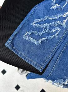 SHEIN Teen Boy Stylish Washed Ripped Loose Straight Leg Blue Jeans,Baggy Pants,For Spring And Summer Outfits