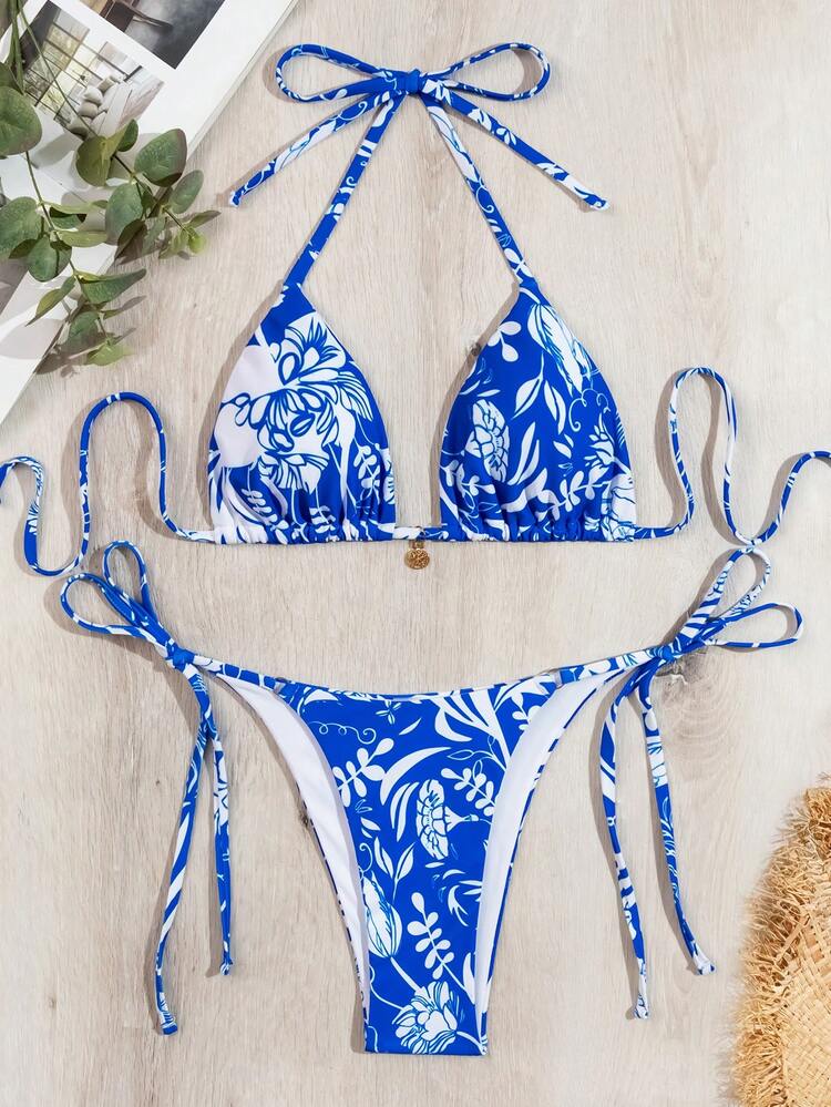 Women's Floral Print Halter Neck Separated Bikini Set With 2 Pieces Summer Beach