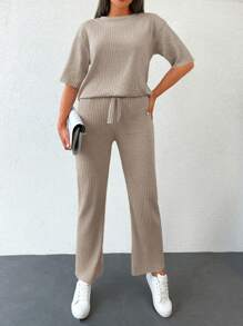 EURMUSE Solid Drop Shoulder Tee & Pants - Apricot - View 4