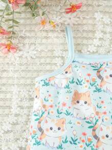 寶寶女孩可愛貓咪印花背帶連體衣，適用於秋季 - 綠色 - 查看 3