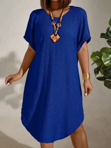 EMERY ROSE Plus Size Women's Solid Color Batwing Short Sleeve Loose Casual Dress With Round Neckline
