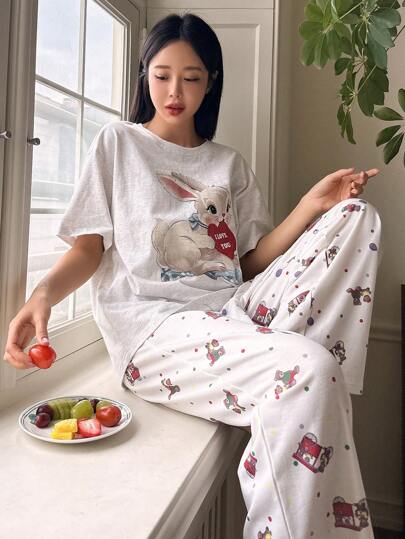 DAZY Women's Cute Rabbit Printed Top With Teddy Bear Lounge Pants Pajama Set