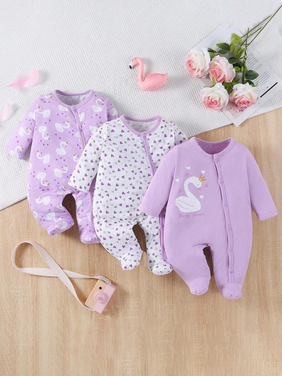 SHEIN 寶寶女孩長袖家居服連腳爬服 - 紫色 - 查看 1