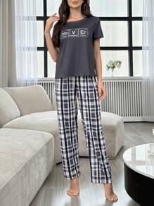 印刷字母t恤與方格印花長褲女士睡衣套裝,適用於夏季 - 彩色 - 查看 3