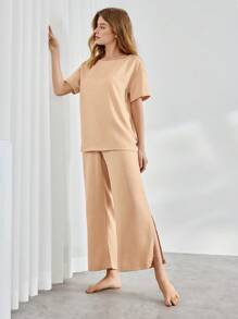 Ocili Leisure Women's Solid Color Drop Shoulder Short Sleeve Homewear Set