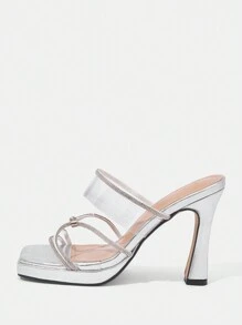 Women's High Heel Slide Sandals , Thick Heel, Strip Decoration And Simple Rhinestone Vacation Shoes Summer - Silver - View 6